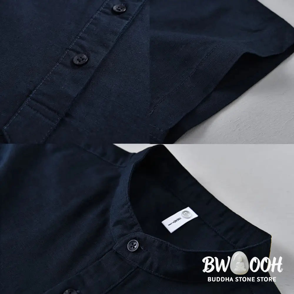 Buddha Stones Summer Solid Color Men’s Half Button Short Sleeve Cotton Linen Shirt - Men’s Shirts