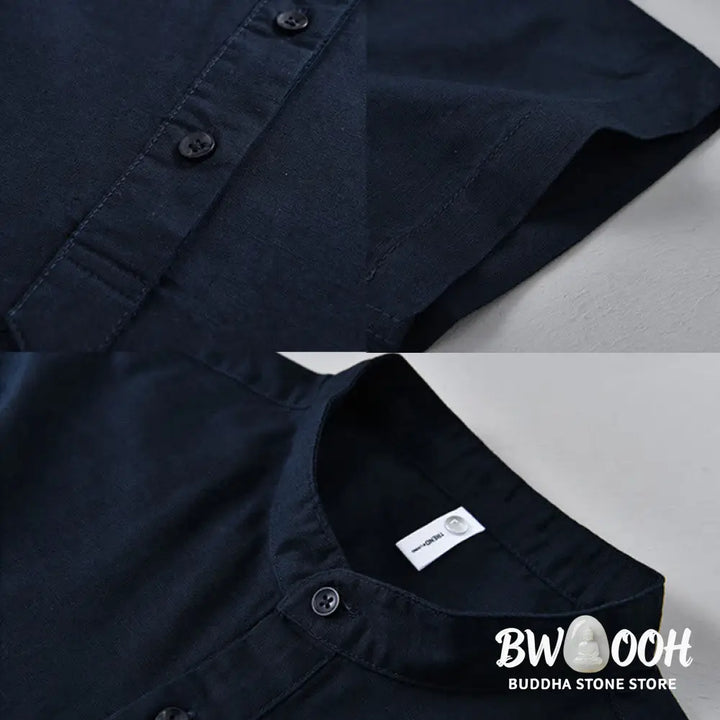 Buddha Stones Summer Solid Color Men’s Half Button Short Sleeve Cotton Linen Shirt - Men’s Shirts