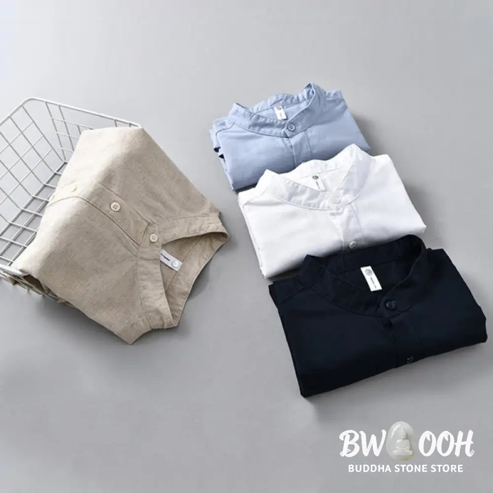 Buddha Stones Summer Solid Color Men’s Half Button Short Sleeve Cotton Linen Shirt - Men’s Shirts