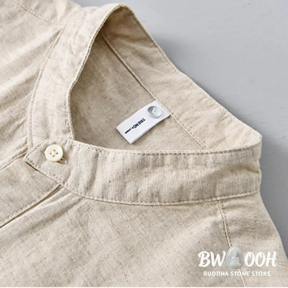 Buddha Stones Summer Solid Color Men’s Half Button Short Sleeve Cotton Linen Shirt - Men’s Shirts