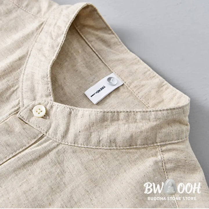 Buddha Stones Summer Solid Color Men’s Half Button Short Sleeve Cotton Linen Shirt - Men’s Shirts