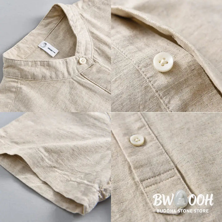 Buddha Stones Summer Solid Color Men’s Half Button Short Sleeve Cotton Linen Shirt - Men’s Shirts