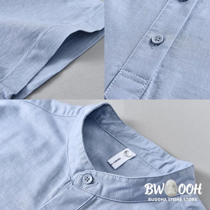 Buddha Stones Summer Solid Color Men’s Half Button Short Sleeve Cotton Linen Shirt - Men’s Shirts