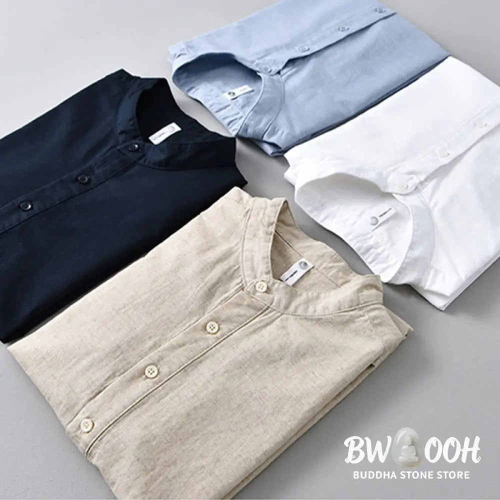 Buddha Stones Summer Solid Color Men’s Half Button Short Sleeve Cotton Linen Shirt - Men’s Shirts