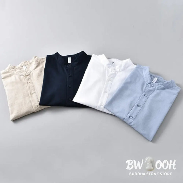 Buddha Stones Summer Solid Color Men’s Half Button Short Sleeve Cotton Linen Shirt - Men’s Shirts