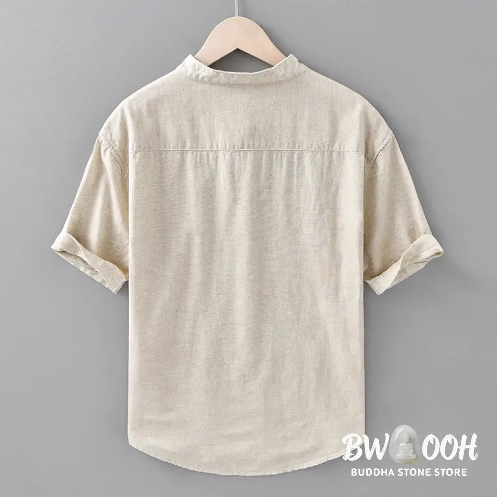 Buddha Stones Summer Solid Color Men’s Half Button Short Sleeve Cotton Linen Shirt - Men’s Shirts