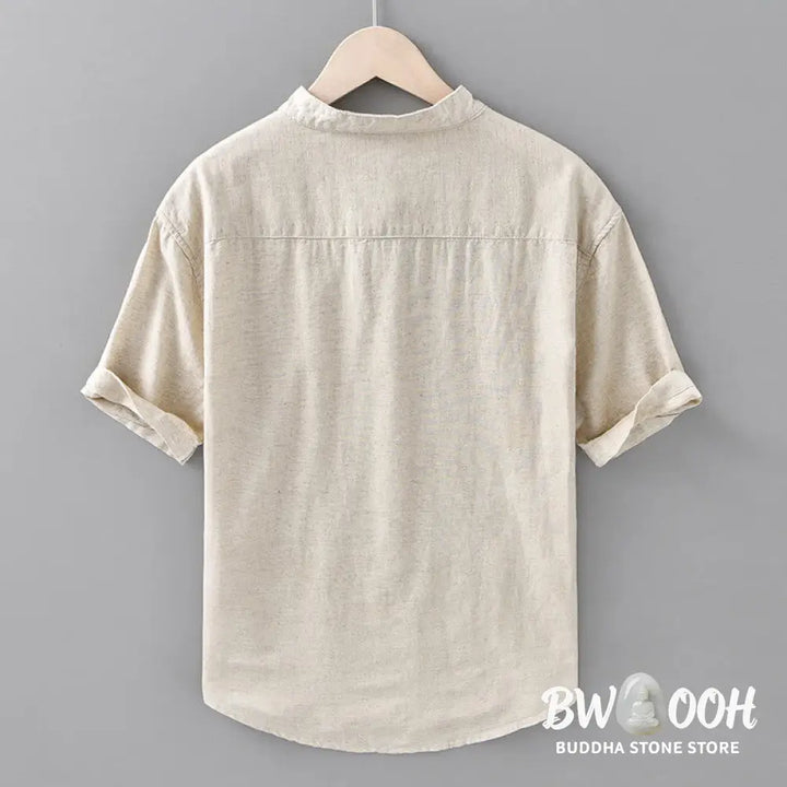 Buddha Stones Summer Solid Color Men’s Half Button Short Sleeve Cotton Linen Shirt - Men’s Shirts