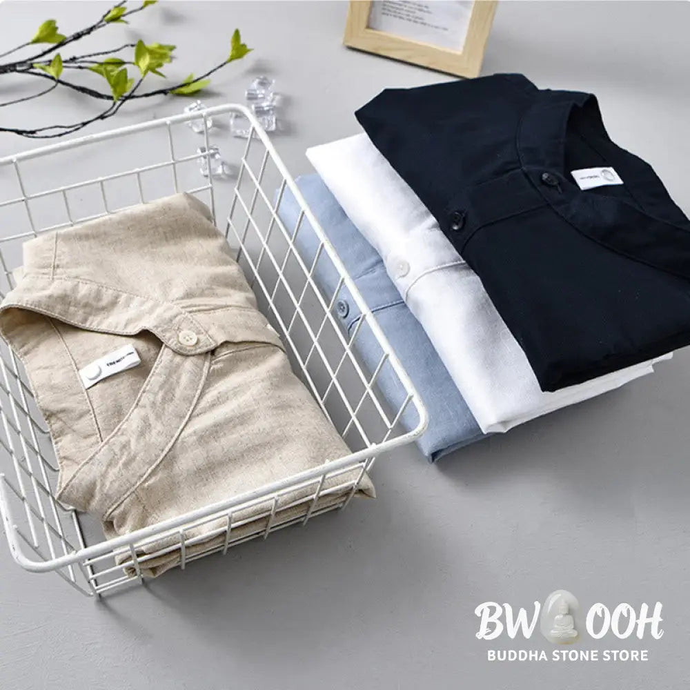 Buddha Stones Summer Solid Color Men’s Half Button Short Sleeve Cotton Linen Shirt - Men’s Shirts