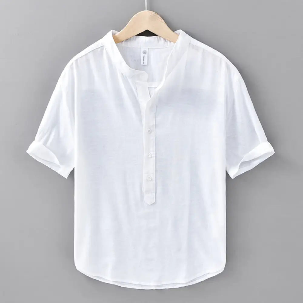 Buddha Stones Summer Solid Color Men’s Half Button Short Sleeve Cotton Linen Shirt - White / US/UK/AU38，EU48 (XL)