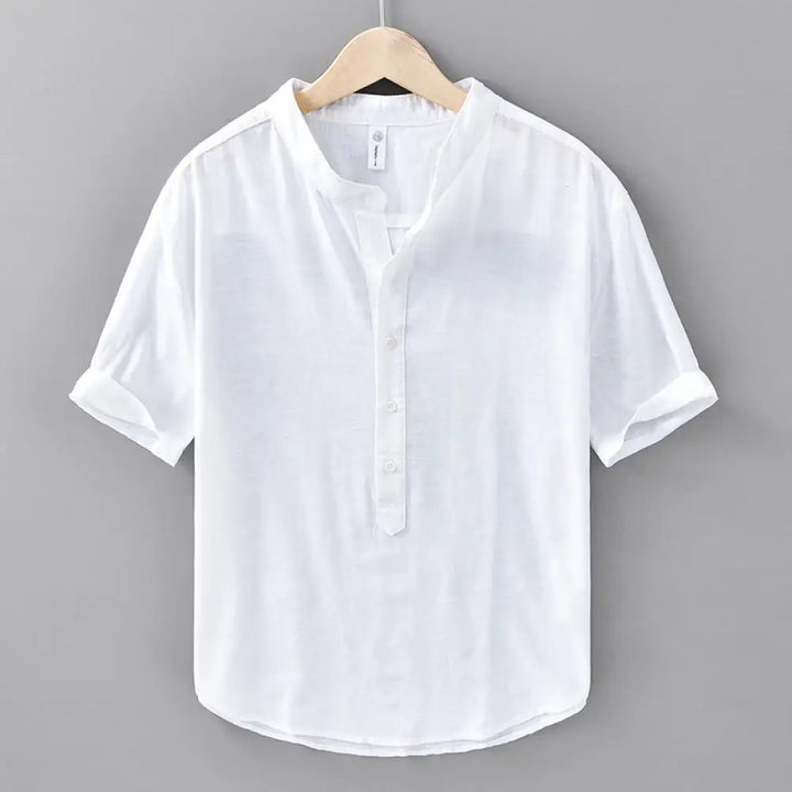 Buddha Stones Summer Solid Color Men’s Half Button Short Sleeve Cotton Linen Shirt - White / US/UK/AU38，EU48 (XL)