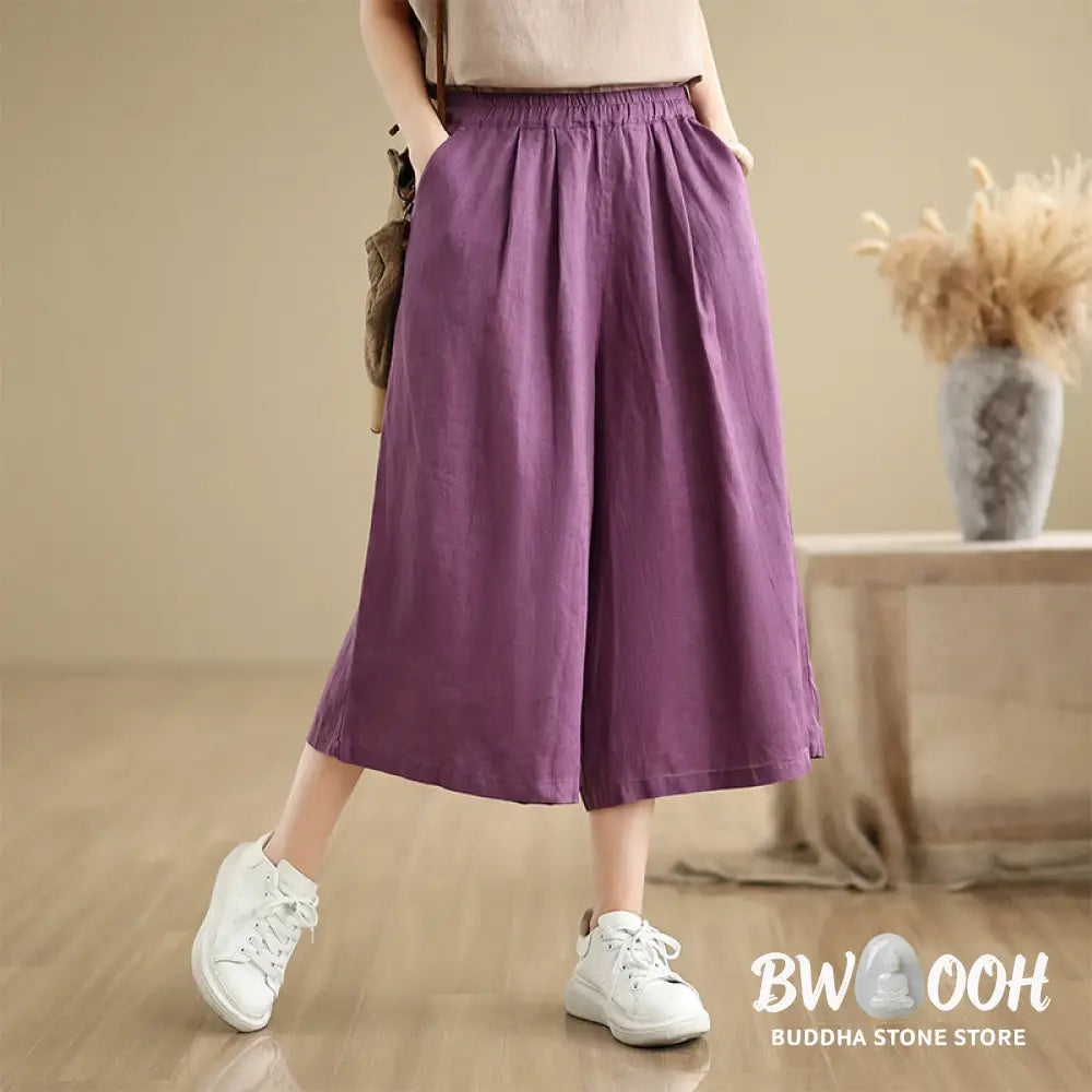 Buddha Stones Summer Solid Color Patchwork Simple Design Women’s Cotton Wide Leg Cropped Pants With Pockets - Women’s