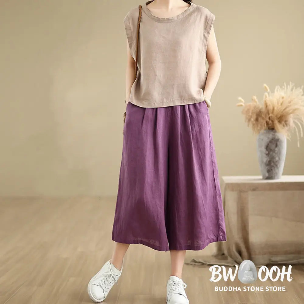 Buddha Stones Summer Solid Color Patchwork Simple Design Women’s Cotton Wide Leg Cropped Pants With Pockets - Women’s
