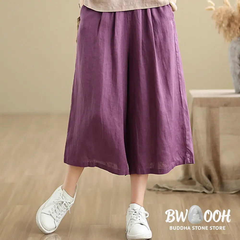 Buddha Stones Summer Solid Color Patchwork Simple Design Women’s Cotton Wide Leg Cropped Pants With Pockets - Women’s