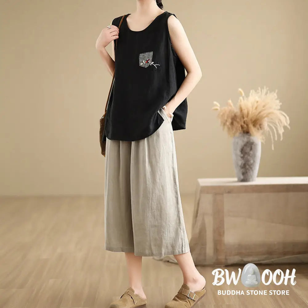 Buddha Stones Summer Solid Color Patchwork Simple Design Women’s Cotton Wide Leg Cropped Pants With Pockets - Women’s