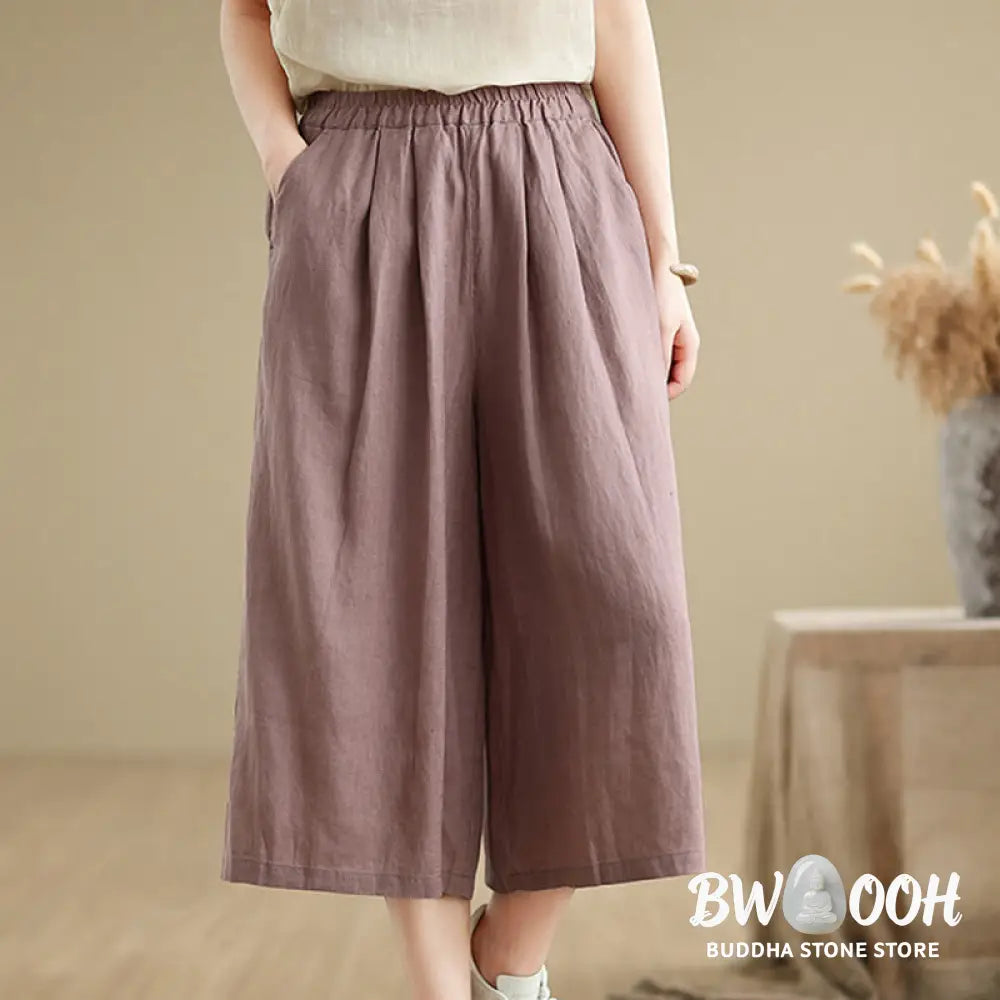 Buddha Stones Summer Solid Color Patchwork Simple Design Women’s Cotton Wide Leg Cropped Pants With Pockets - Women’s
