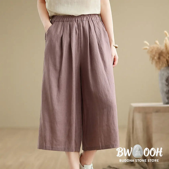 Buddha Stones Summer Solid Color Patchwork Simple Design Women’s Cotton Wide Leg Cropped Pants With Pockets - Women’s