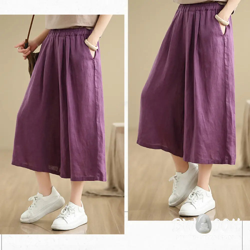 Buddha Stones Summer Solid Color Patchwork Simple Design Women’s Cotton Wide Leg Cropped Pants With Pockets - Women’s