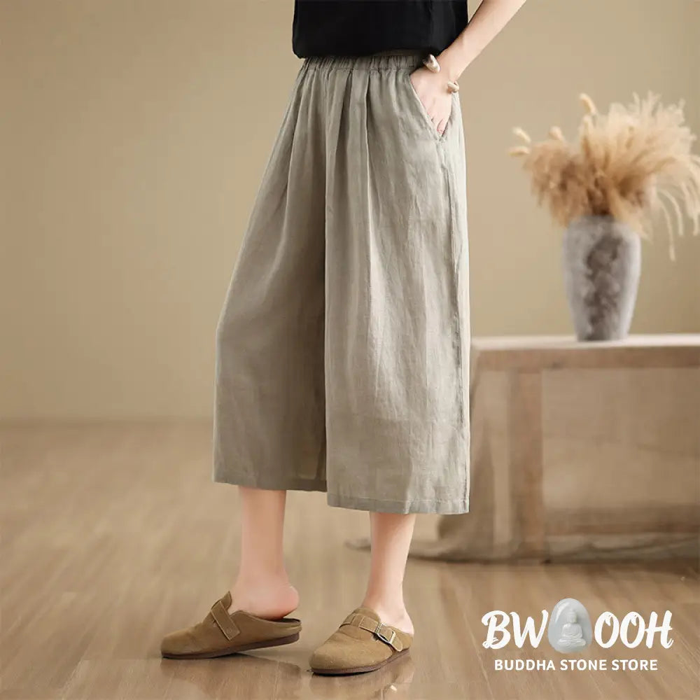Buddha Stones Summer Solid Color Patchwork Simple Design Women’s Cotton Wide Leg Cropped Pants With Pockets - Women’s