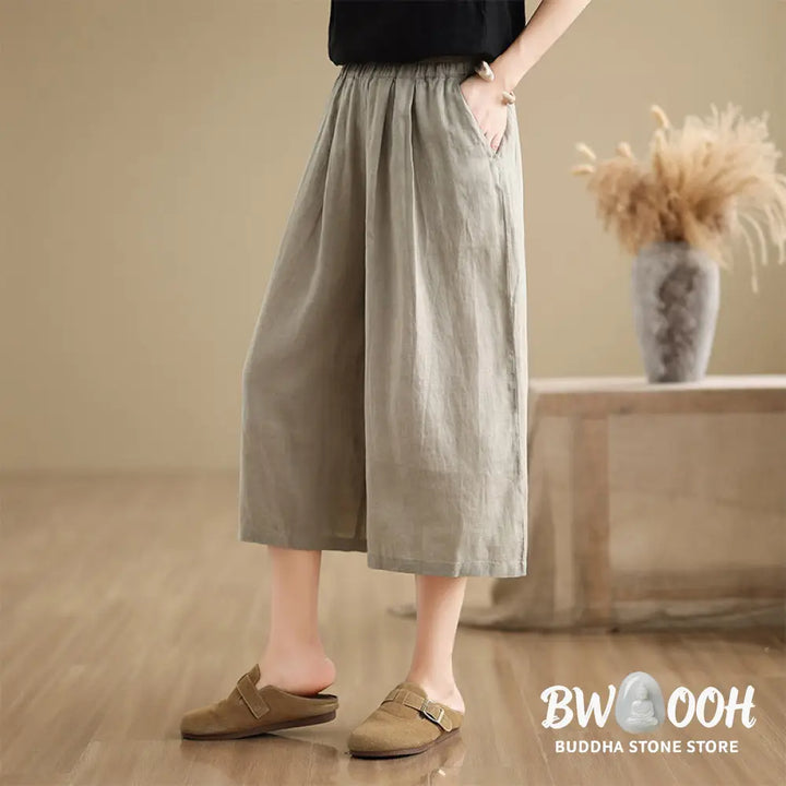 Buddha Stones Summer Solid Color Patchwork Simple Design Women’s Cotton Wide Leg Cropped Pants With Pockets - Women’s