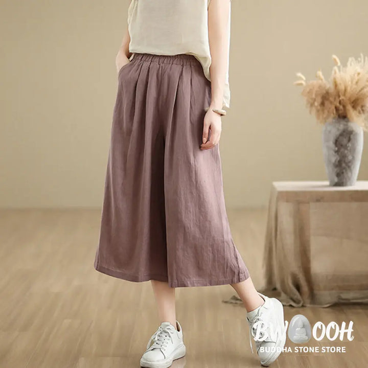 Buddha Stones Summer Solid Color Patchwork Simple Design Women’s Cotton Wide Leg Cropped Pants With Pockets - Women’s