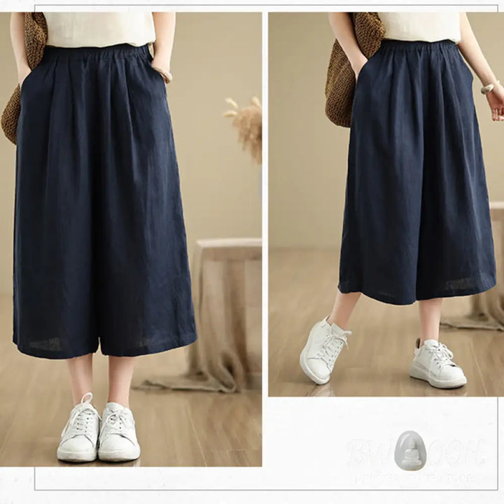 Buddha Stones Summer Solid Color Patchwork Simple Design Women’s Cotton Wide Leg Cropped Pants With Pockets - Women’s