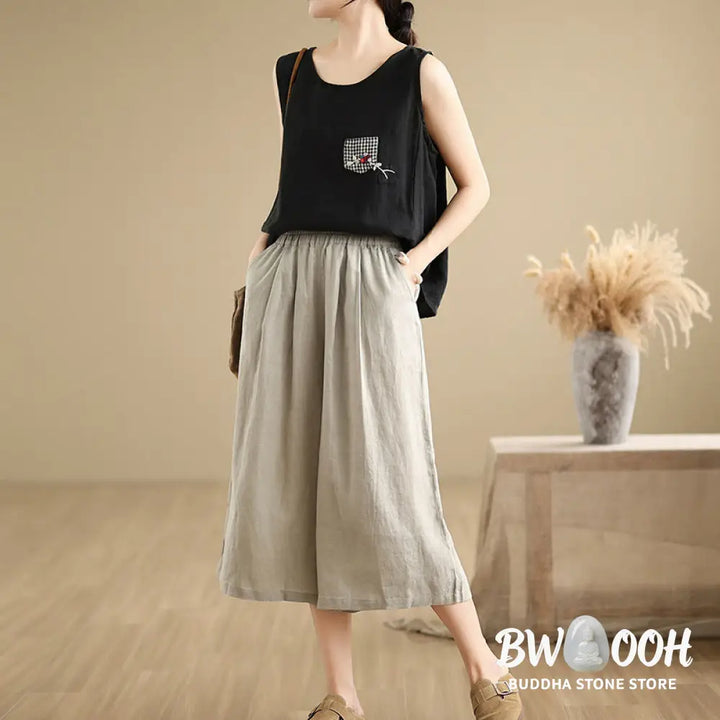 Buddha Stones Summer Solid Color Patchwork Simple Design Women’s Cotton Wide Leg Cropped Pants With Pockets - Women’s