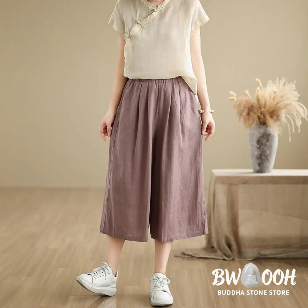 Buddha Stones Summer Solid Color Patchwork Simple Design Women’s Cotton Wide Leg Cropped Pants With Pockets - Women’s