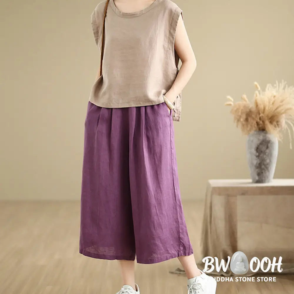 Buddha Stones Summer Solid Color Patchwork Simple Design Women’s Cotton Wide Leg Cropped Pants With Pockets - Women’s