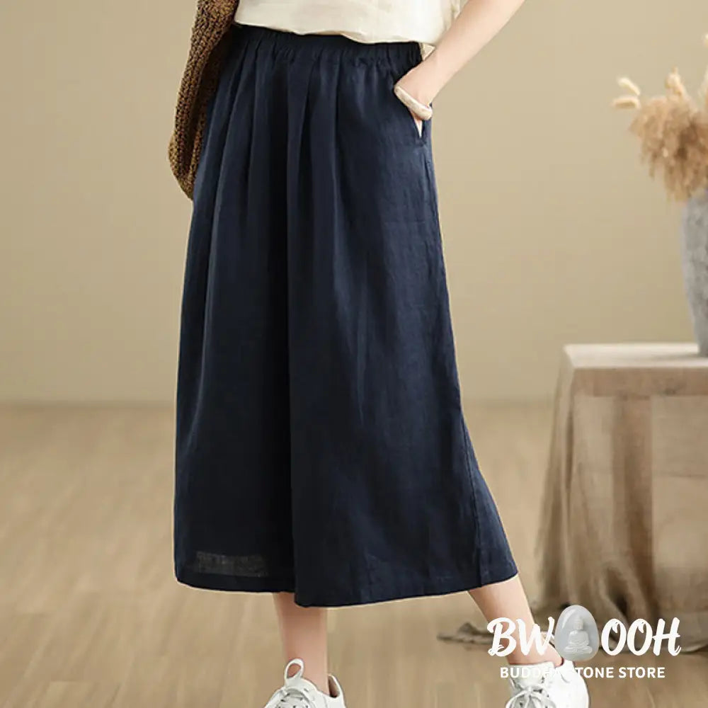Buddha Stones Summer Solid Color Patchwork Simple Design Women’s Cotton Wide Leg Cropped Pants With Pockets - Women’s