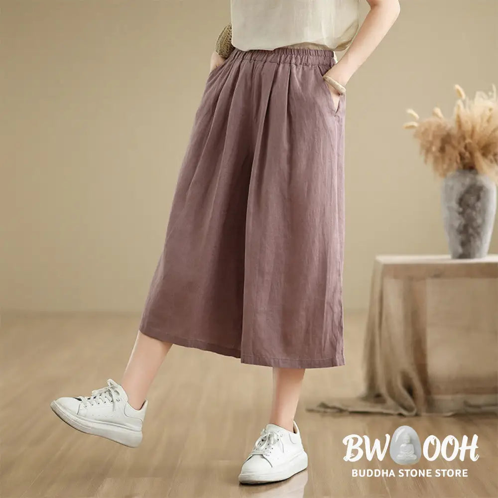 Buddha Stones Summer Solid Color Patchwork Simple Design Women’s Cotton Wide Leg Cropped Pants With Pockets - Women’s