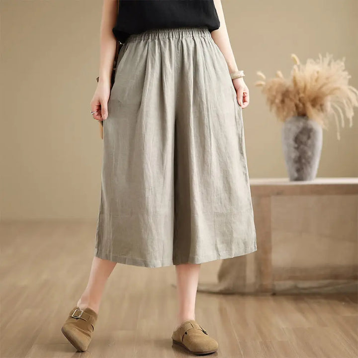 Buddha Stones Summer Solid Color Patchwork Simple Design Women’s Cotton Wide Leg Cropped Pants With Pockets - DarkKhaki