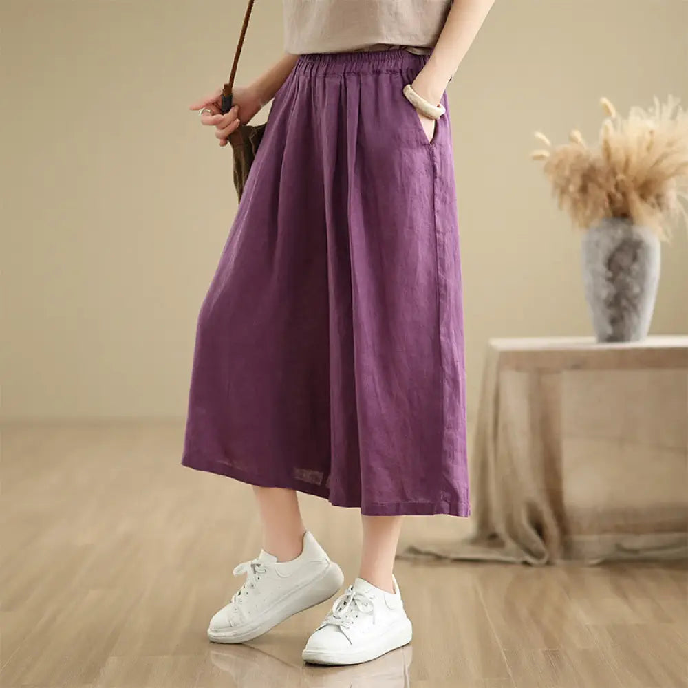 Buddha Stones Summer Solid Color Patchwork Simple Design Women’s Cotton Wide Leg Cropped Pants With Pockets - Purple