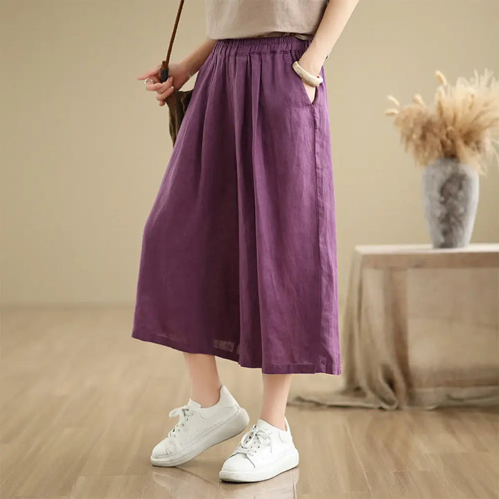 Buddha Stones Summer Solid Color Patchwork Simple Design Women’s Cotton Wide Leg Cropped Pants With Pockets - Purple