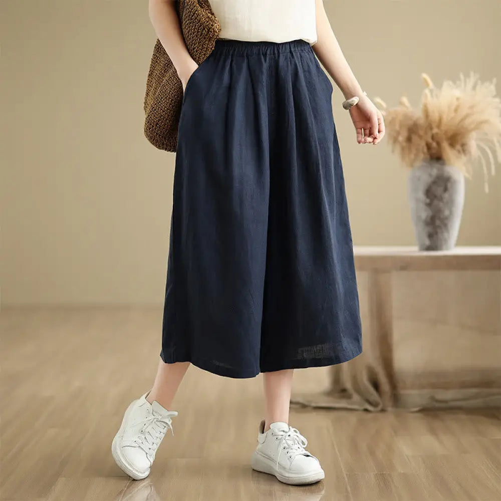 Buddha Stones Summer Solid Color Patchwork Simple Design Women’s Cotton Wide Leg Cropped Pants With Pockets - SlateGray