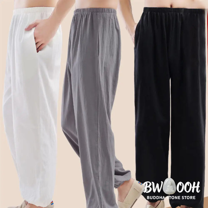Buddha Stones Summer Solid Color Unisex Elastic Waist Tai Chi Qigong Practice Pants With Pockets - Unisex Pants