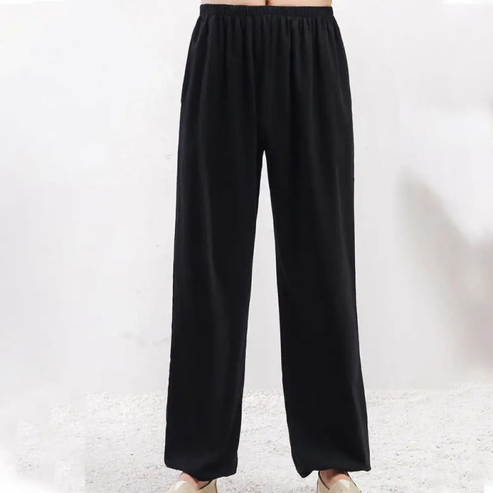 Buddha Stones Summer Solid Color Unisex Elastic Waist Tai Chi Qigong Practice Pants With Pockets - Black Female / M-FIT