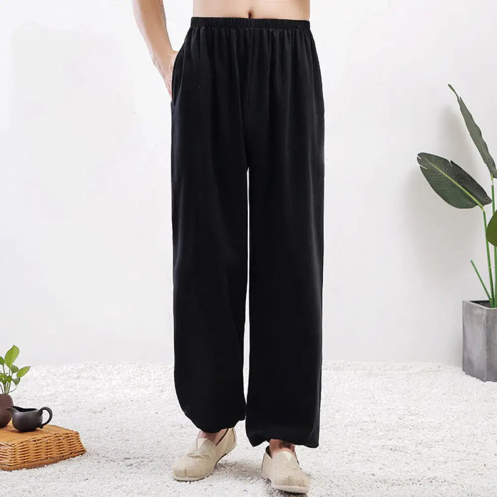 Buddha Stones Summer Solid Color Unisex Elastic Waist Tai Chi Qigong Practice Pants With Pockets - Black Male / M-FIT