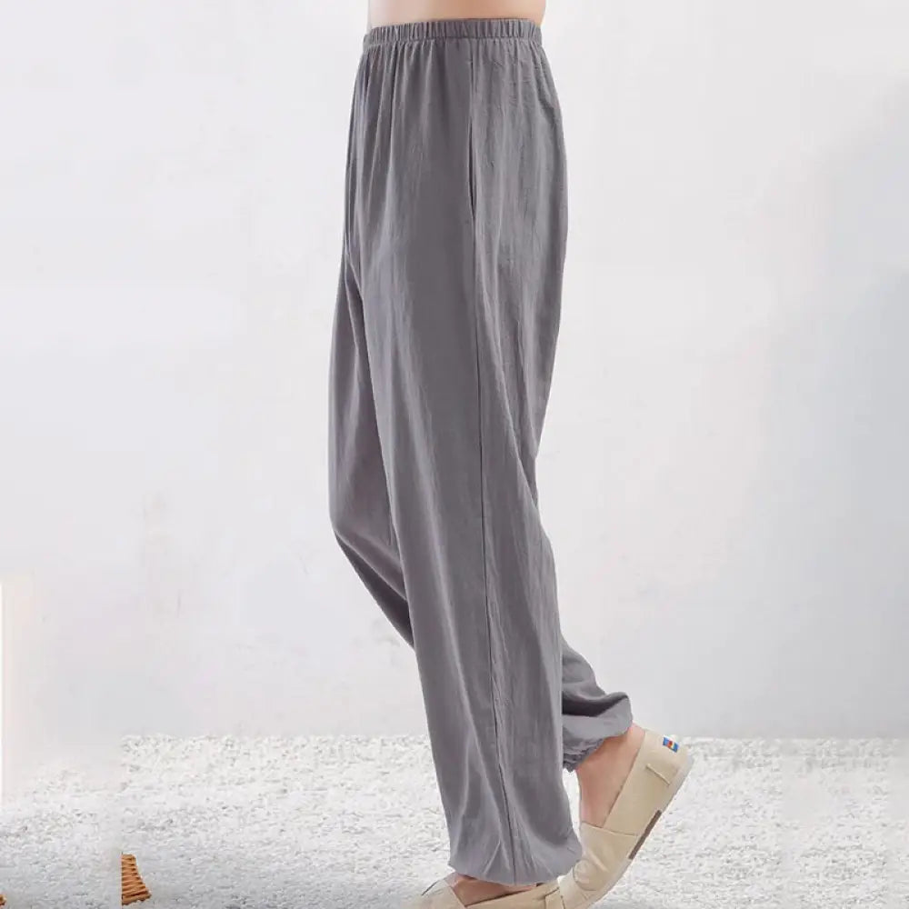 Buddha Stones Summer Solid Color Unisex Elastic Waist Tai Chi Qigong Practice Pants With Pockets - Gray Female / M-FIT