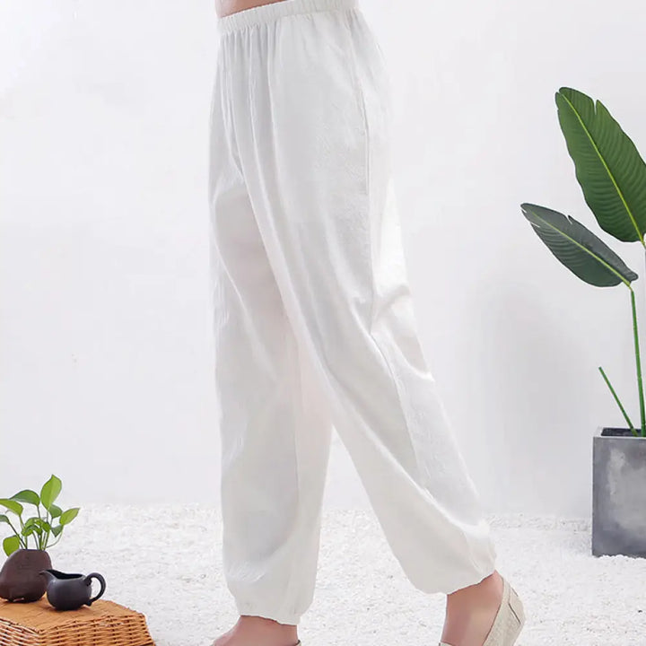 Buddha Stones Summer Solid Color Unisex Elastic Waist Tai Chi Qigong Practice Pants With Pockets - White Male / M-FIT