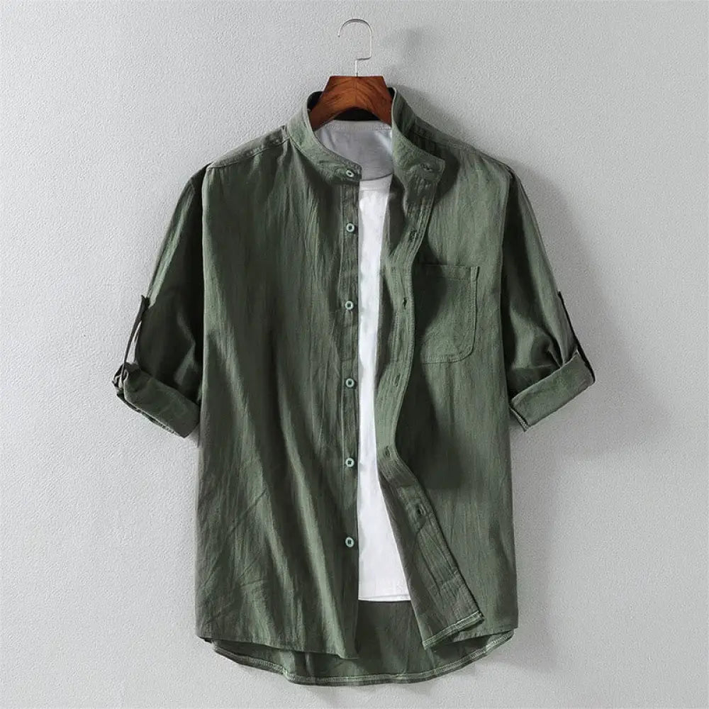 Buddha Stones Summer Solid Men’s Buttons Half Sleeve Cotton Linen Shirt - DarkSeaGreen / US/UK/AU36，EU46 (L) - Men’s