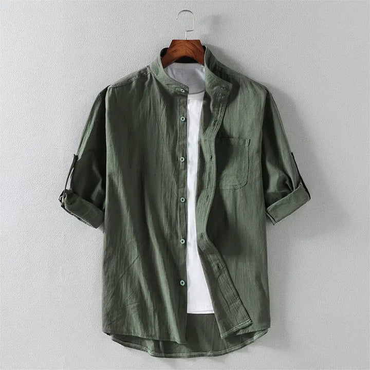 Buddha Stones Summer Solid Men’s Buttons Half Sleeve Cotton Linen Shirt - DarkSeaGreen / US/UK/AU36，EU46 (L) - Men’s
