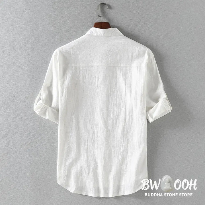 Buddha Stones Summer Solid Men’s Buttons Half Sleeve Cotton Linen Shirt - Men’s Shirts