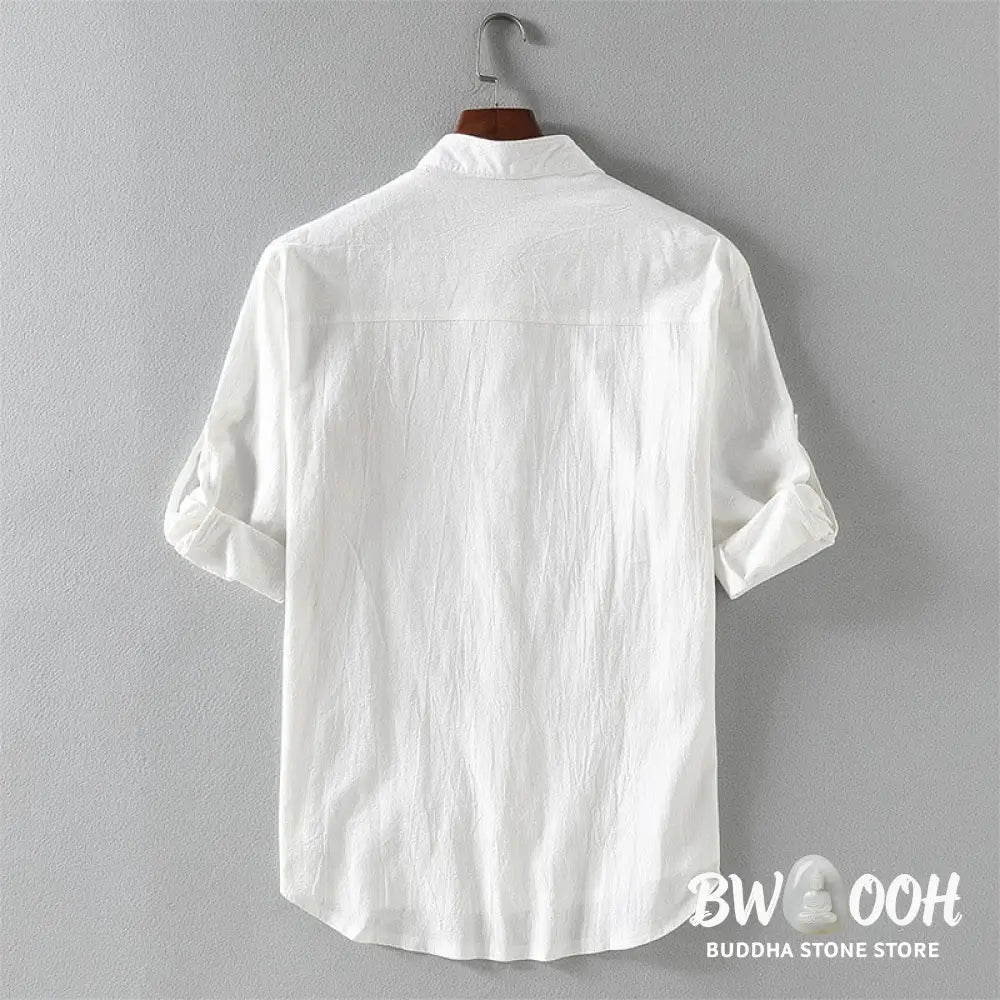 Buddha Stones Summer Solid Men’s Buttons Half Sleeve Cotton Linen Shirt - Men’s Shirts