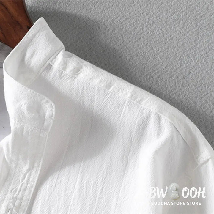 Buddha Stones Summer Solid Men’s Buttons Half Sleeve Cotton Linen Shirt - Men’s Shirts