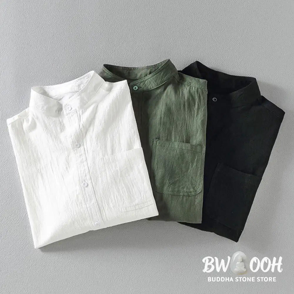 Buddha Stones Summer Solid Men’s Buttons Half Sleeve Cotton Linen Shirt - Men’s Shirts