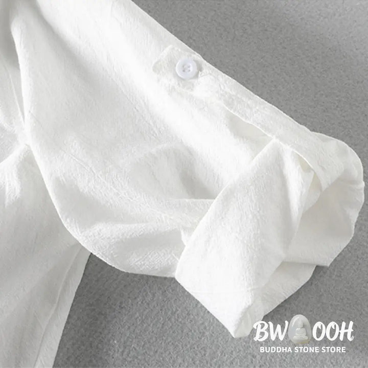 Buddha Stones Summer Solid Men’s Buttons Half Sleeve Cotton Linen Shirt - Men’s Shirts