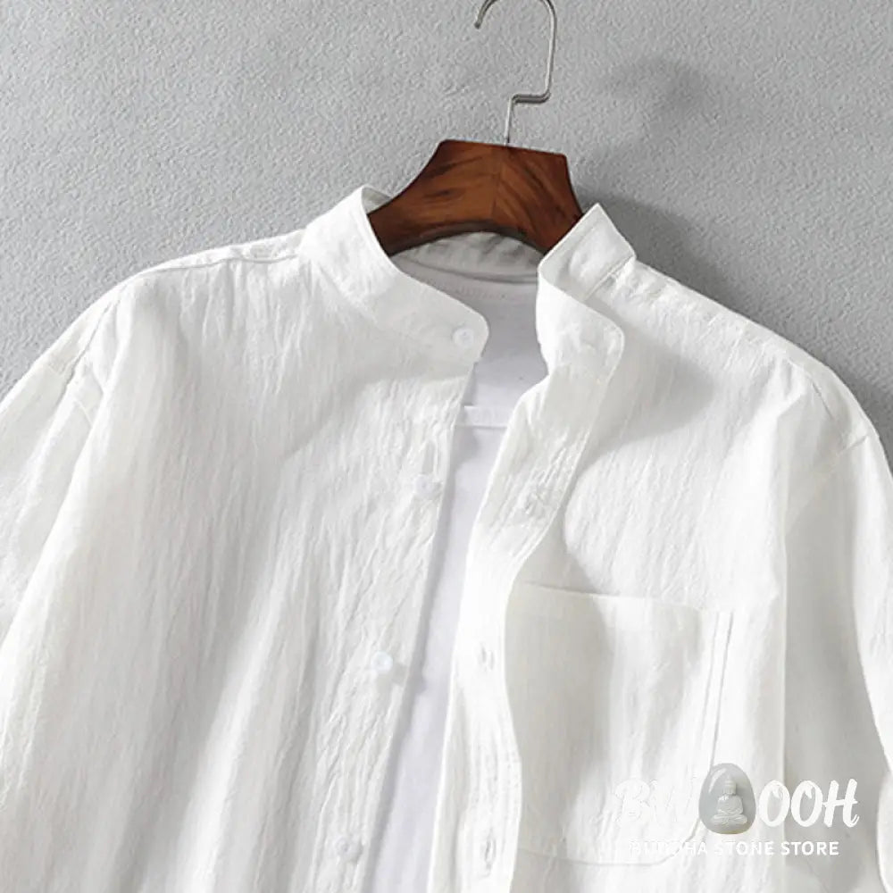 Buddha Stones Summer Solid Men’s Buttons Half Sleeve Cotton Linen Shirt - Men’s Shirts