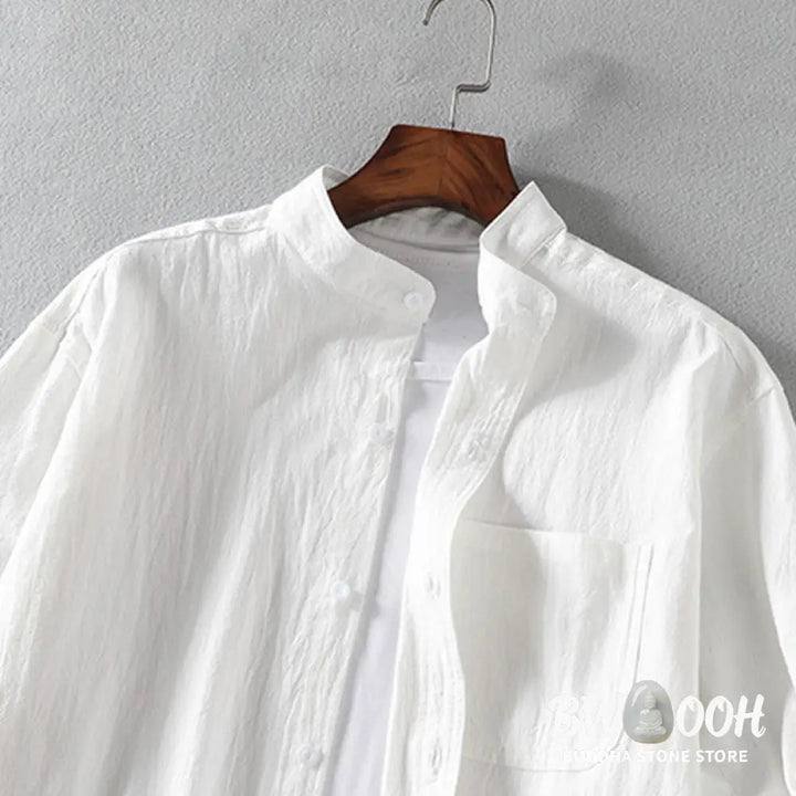 Buddha Stones Summer Solid Men’s Buttons Half Sleeve Cotton Linen Shirt - Men’s Shirts