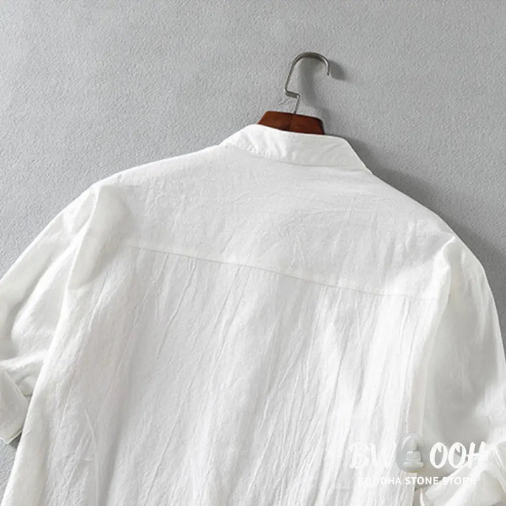 Buddha Stones Summer Solid Men’s Buttons Half Sleeve Cotton Linen Shirt - Men’s Shirts