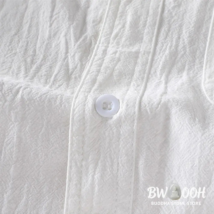 Buddha Stones Summer Solid Men’s Buttons Half Sleeve Cotton Linen Shirt - Men’s Shirts